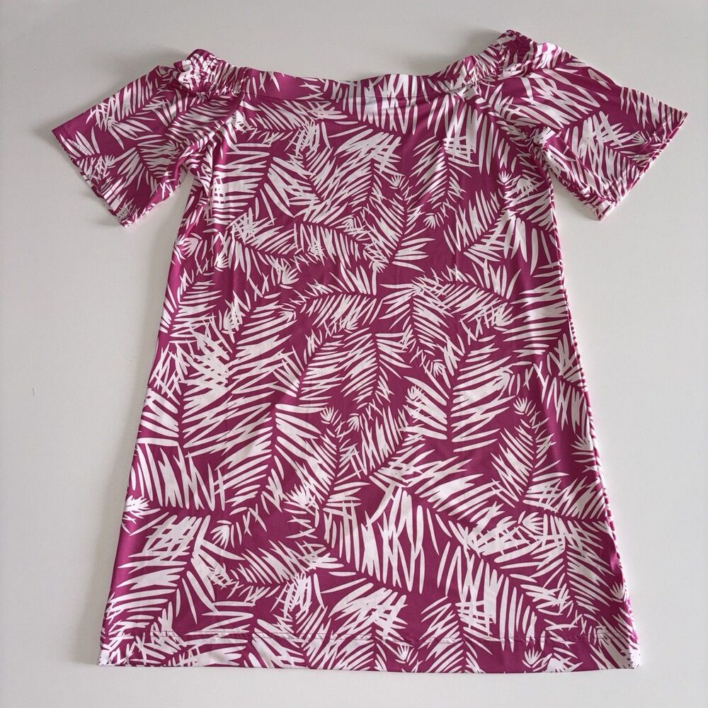 Escapada Living Vacation Dress XL Pink White Tropical Leaf Print Off Shoulder